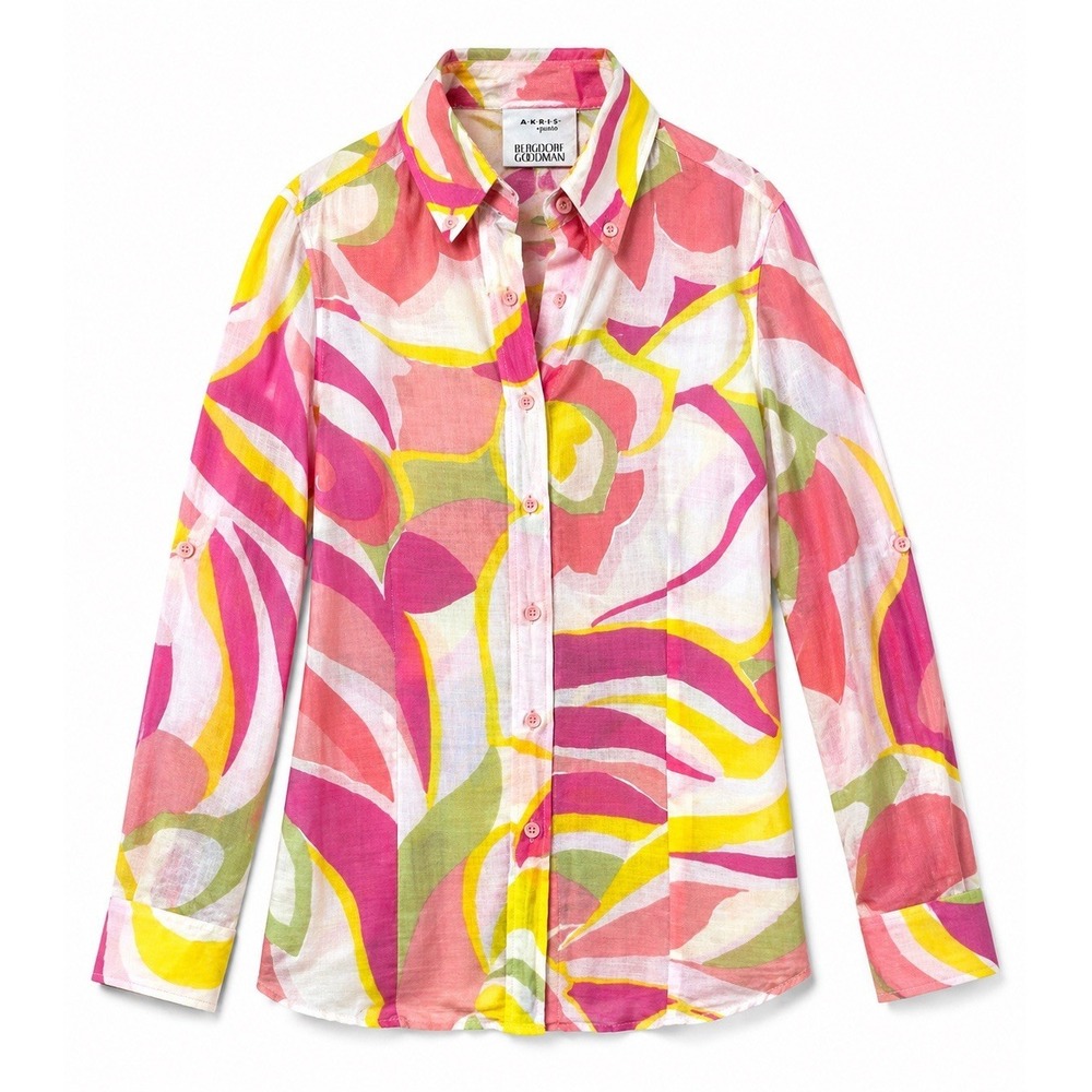 Akris Punto Cotton Button Down Blouse Women's Size 6 Abstract Designer Chic Top